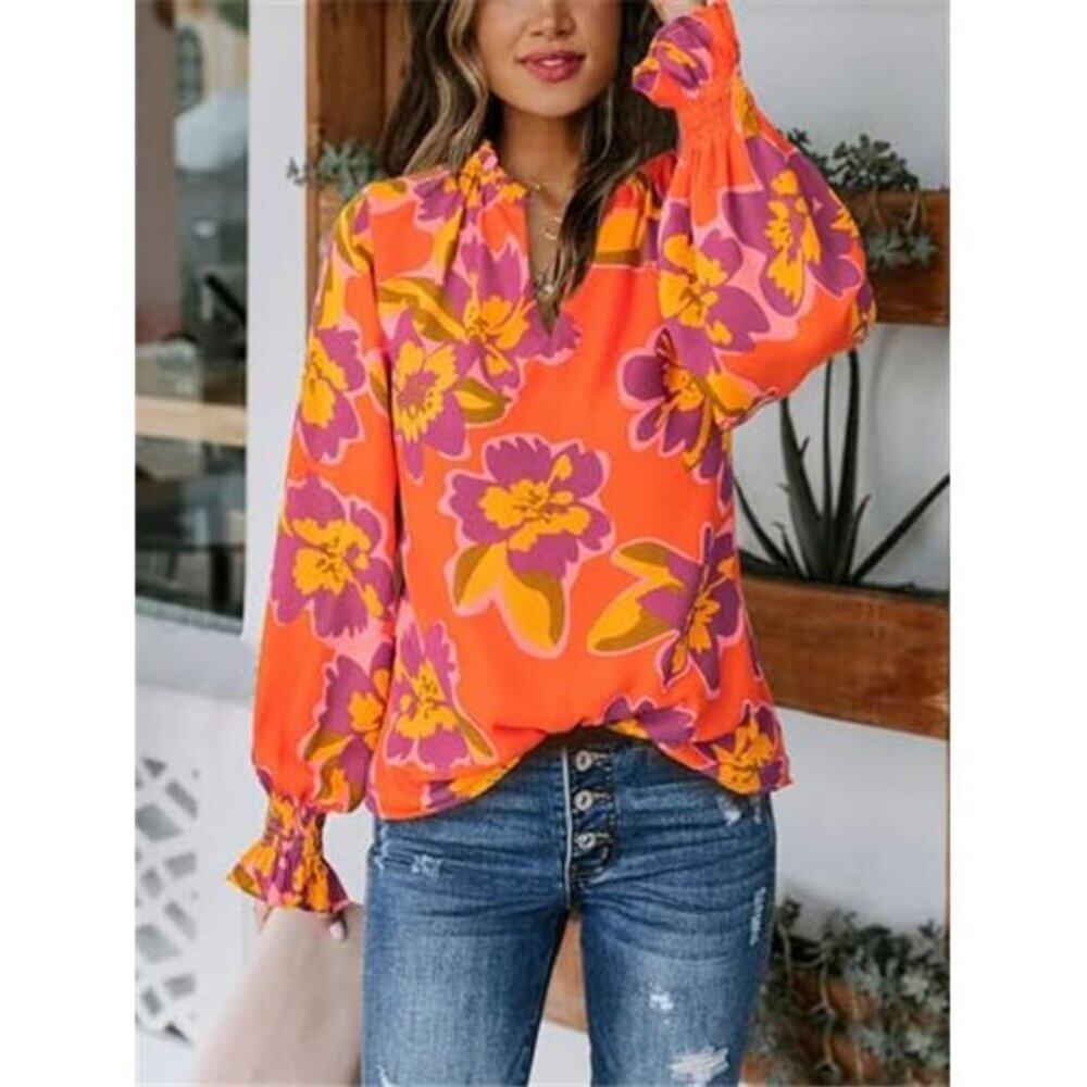 Floral V Neck Blouse Long Sleeve Puff Sleeve Casual Top Women Orange